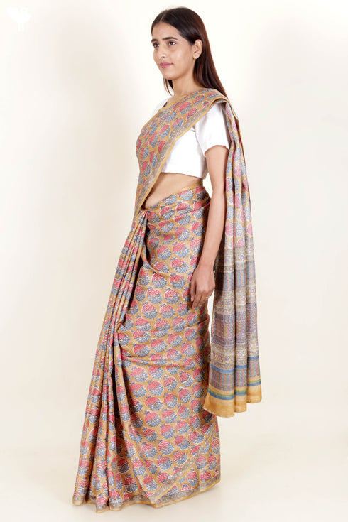 Tussar Silk Saree In Floral Block Print